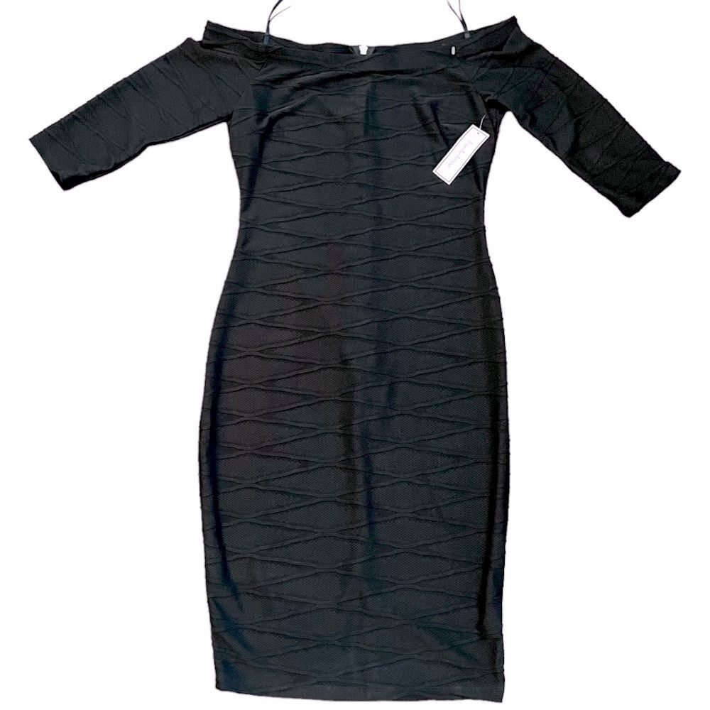 Off-shoulder black Bodycon midi dress gold zipper back NWT Size 10 Premier Amour